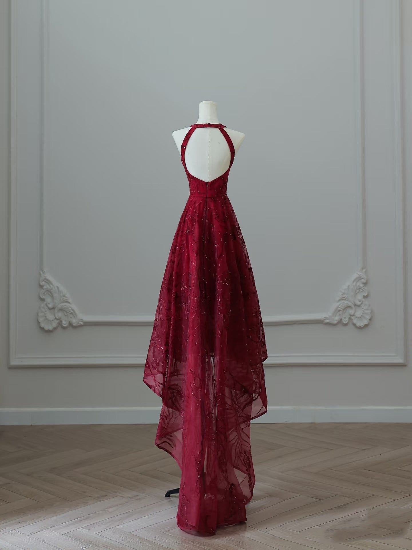 Niulatu High Low Burgundy Sequin Long Prom Dresses Evening Gowns S3840