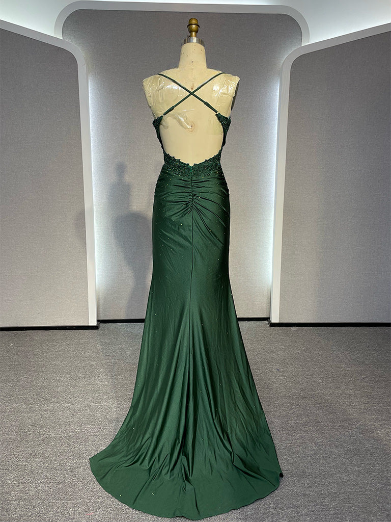 Niulatu Backless Mermaid Lace Green Long Prom Dress, Green Formal Elegant Evening Dress Wedding Guest Dress HZ1026