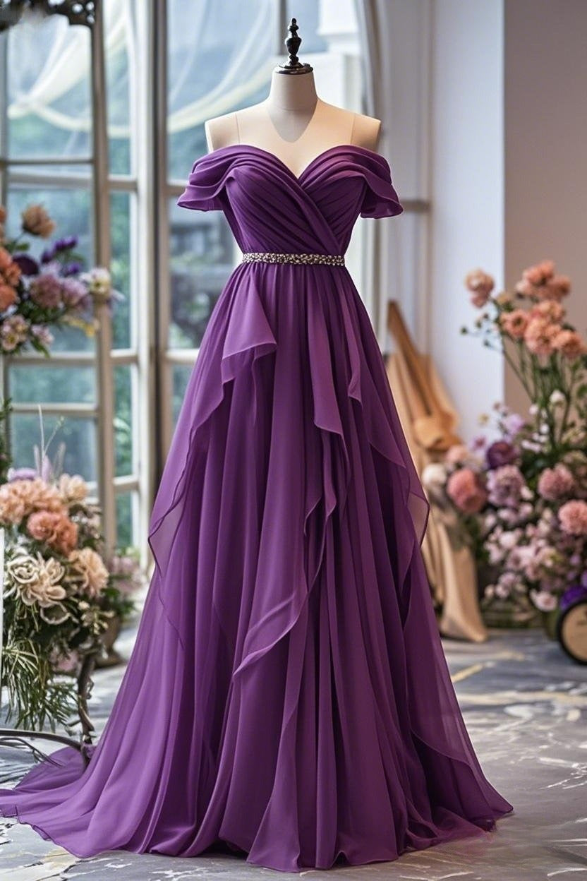 Niulatu A-line Off-shoulder Chiffon Long Prom Dress Formal Evening Gown HZ1026