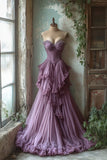 Niulatu A-line Sweetheart Neck Tulle Beaded Long Prom Dress, Vintage Formal Dress HZ1026