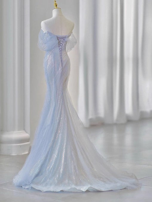 Niulatu Sweetheart Sequin Mermaid Gown-Fairytale Beaded Tulle Train Long Prom Dress for Events HZ1026
