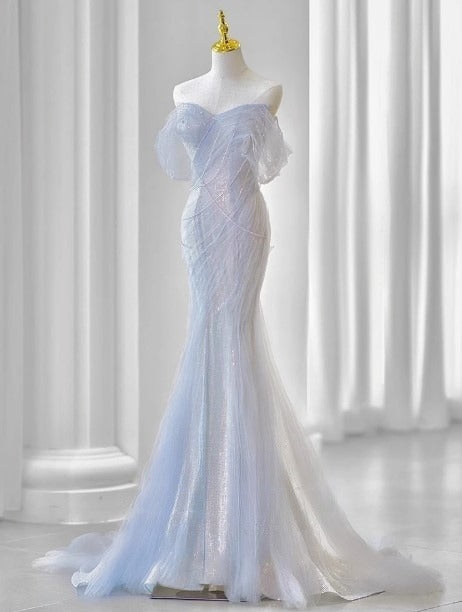 Niulatu Sweetheart Sequin Mermaid Gown-Fairytale Beaded Tulle Train Long Prom Dress for Events HZ1026