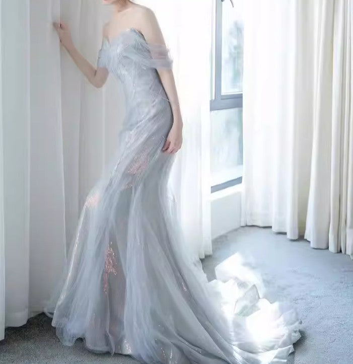 Niulatu Sweetheart Sequin Mermaid Gown-Fairytale Beaded Tulle Train Long Prom Dress for Events HZ1026