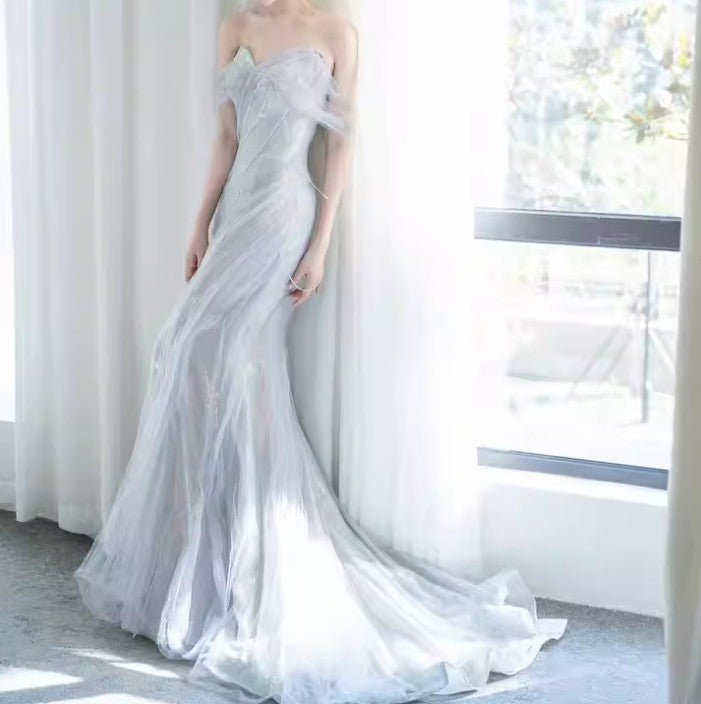 Niulatu Sweetheart Sequin Mermaid Gown-Fairytale Beaded Tulle Train Long Prom Dress for Events HZ1026
