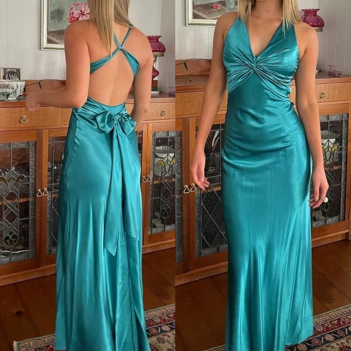 Niulatu Yellow ??A-Line Long Prom Dress for Party&Guest-V Neck Satin Beautiful Backless Formal Evening Dress HZ1026