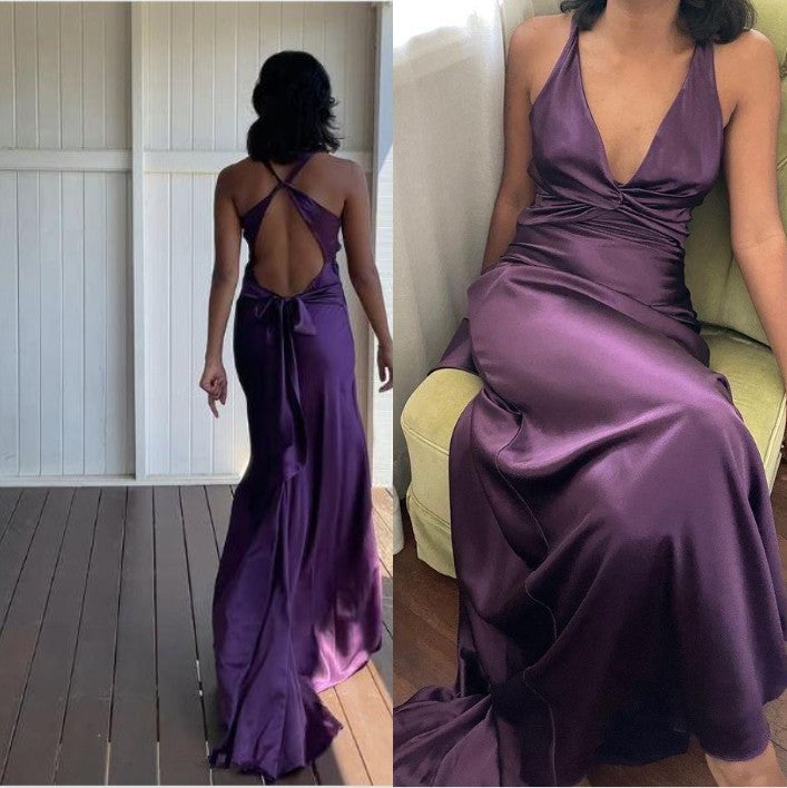 Niulatu Yellow ??A-Line Long Prom Dress for Party&Guest-V Neck Satin Beautiful Backless Formal Evening Dress HZ1026