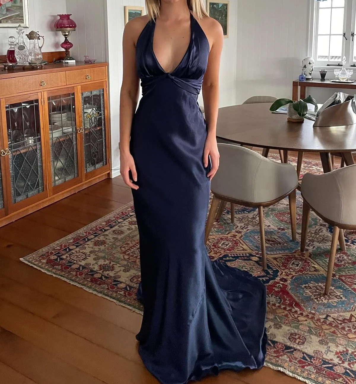 Niulatu Yellow ??A-Line Long Prom Dress for Party&Guest-V Neck Satin Beautiful Backless Formal Evening Dress HZ1026