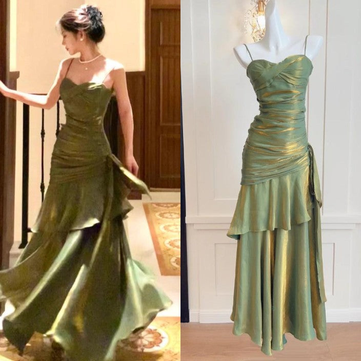 Niulatu Spaghetti Straps Blue Chiffon Satin Ruffles Long Prom Dresses Fairytale Evening Dresses HZ1026