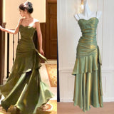 Niulatu Spaghetti Straps Blue Chiffon Satin Ruffles Long Prom Dresses Fairytale Evening Dresses HZ1026