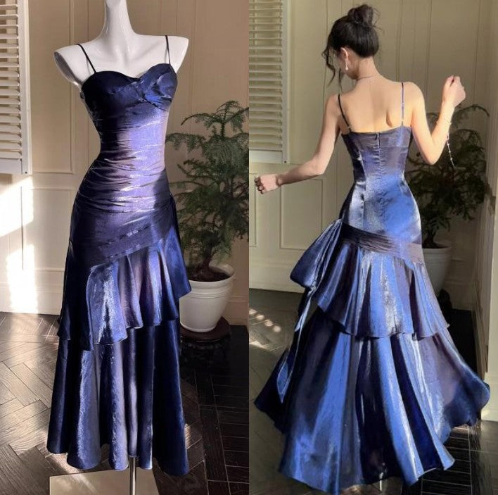 Niulatu Spaghetti Straps Blue Chiffon Satin Ruffles Long Prom Dresses Fairytale Evening Dresses HZ1026