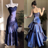 Niulatu Spaghetti Straps Blue Chiffon Satin Ruffles Long Prom Dresses Fairytale Evening Dresses HZ1026