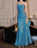 Niulatu Spaghetti Straps Blue Chiffon Satin Ruffles Long Prom Dresses Fairytale Evening Dresses HZ1026
