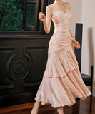 Niulatu Spaghetti Straps Blue Chiffon Satin Ruffles Long Prom Dresses Fairytale Evening Dresses HZ1026