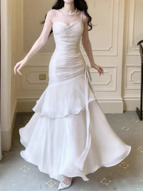 Niulatu Spaghetti Straps Blue Chiffon Satin Ruffles Long Prom Dresses Fairytale Evening Dresses HZ1026