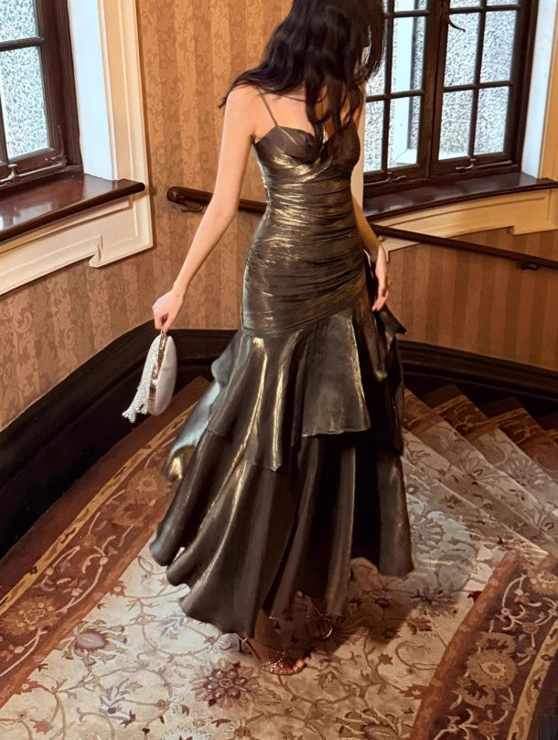 Niulatu Spaghetti Straps Blue Chiffon Satin Ruffles Long Prom Dresses Fairytale Evening Dresses HZ1026