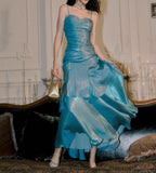 Niulatu Spaghetti Straps Blue Chiffon Satin Ruffles Long Prom Dresses Fairytale Evening Dresses HZ1026