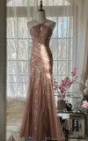 Niulatu Blush Pink Spaghetti Strap Mermaid Tulle Sequin Long Prom Dress Beaded Graduation Prom Adult Ceremony Dress HZ1026