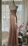 Niulatu Blush Pink Spaghetti Strap Mermaid Tulle Sequin Long Prom Dress Beaded Graduation Prom Adult Ceremony Dress HZ1026