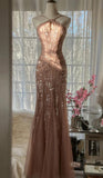 Niulatu Blush Pink Spaghetti Strap Mermaid Tulle Sequin Long Prom Dress Beaded Graduation Prom Adult Ceremony Dress HZ1026