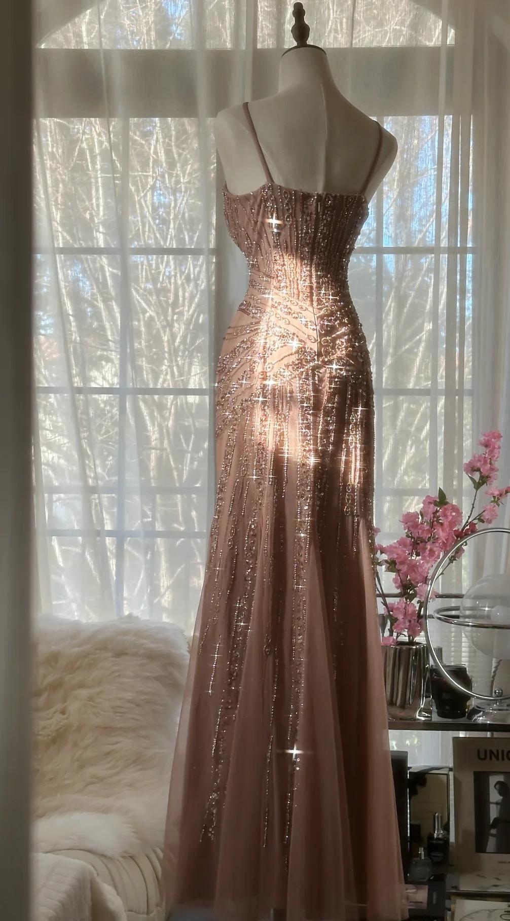 Niulatu Blush Pink Spaghetti Strap Mermaid Tulle Sequin Long Prom Dress Beaded Graduation Prom Adult Ceremony Dress HZ1026