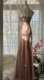 Niulatu Blush Pink Spaghetti Strap Mermaid Tulle Sequin Long Prom Dress Beaded Graduation Prom Adult Ceremony Dress HZ1026