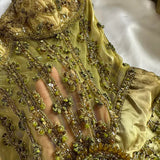 Niulatu Gold Spaghetti Strap Silk Sheath Prom Dresses Beaded Evening Gowns with Scarf HZ1026