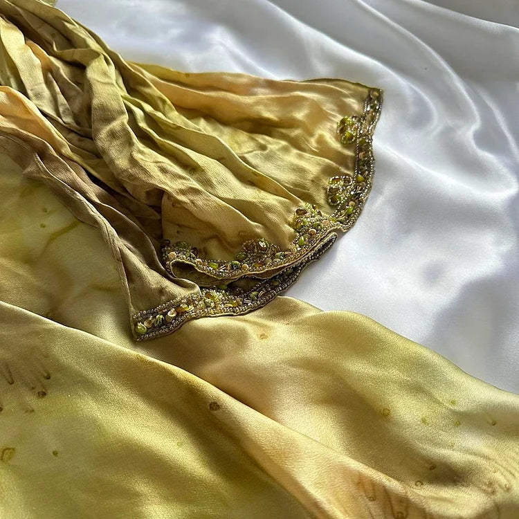 Niulatu Gold Spaghetti Strap Silk Sheath Prom Dresses Beaded Evening Gowns with Scarf HZ1026