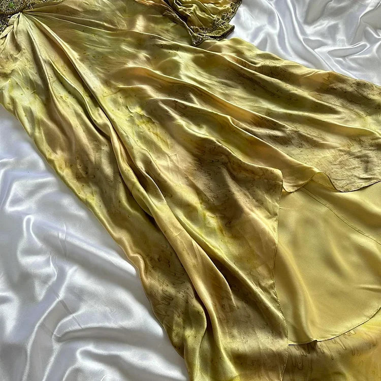 Niulatu Gold Spaghetti Strap Silk Sheath Prom Dresses Beaded Evening Gowns with Scarf HZ1026