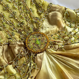 Niulatu Gold Spaghetti Strap Silk Sheath Prom Dresses Beaded Evening Gowns with Scarf HZ1026