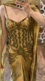 Niulatu Gold Spaghetti Strap Silk Sheath Prom Dresses Beaded Evening Gowns with Scarf HZ1026