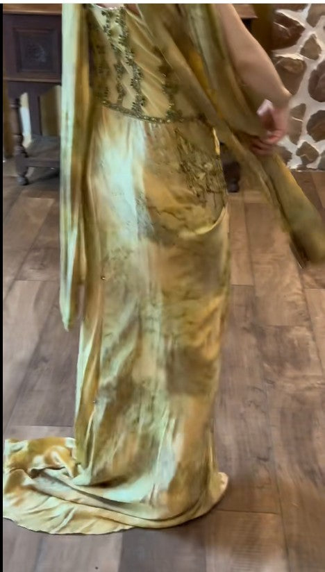 Niulatu Gold Spaghetti Strap Silk Sheath Prom Dresses Beaded Evening Gowns with Scarf HZ1026