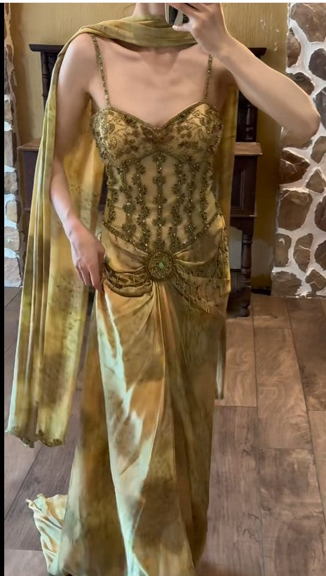 Niulatu Gold Spaghetti Strap Silk Sheath Prom Dresses Beaded Evening Gowns with Scarf HZ1026