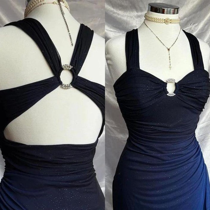 Niulatu dresses under $160||Elegant Gradient Navy Blue Sheath Spaghetti Straps Sparkling Chiffon Prom Dress for Party HZ1026