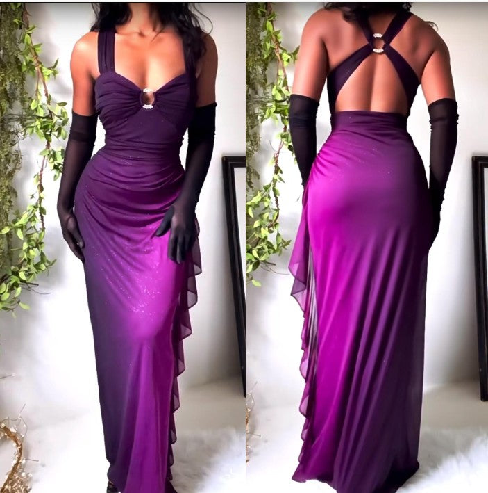 Niulatu dresses under $160||Elegant Gradient Navy Blue Sheath Spaghetti Straps Sparkling Chiffon Prom Dress for Party HZ1026