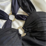 Niulatu dresses under $160||Elegant Gradient Navy Blue Sheath Spaghetti Straps Sparkling Chiffon Prom Dress for Party HZ1026