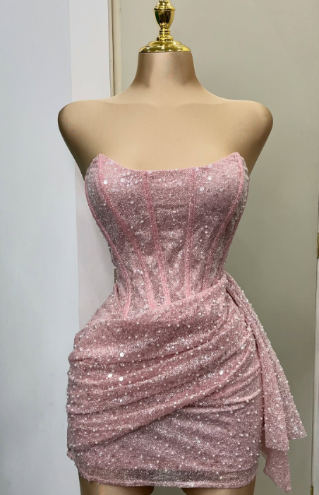 Niulatu Pink Strapless Bodycon Short Prom Dresses Glitter Sequin Homecoming Dresses HZ1026