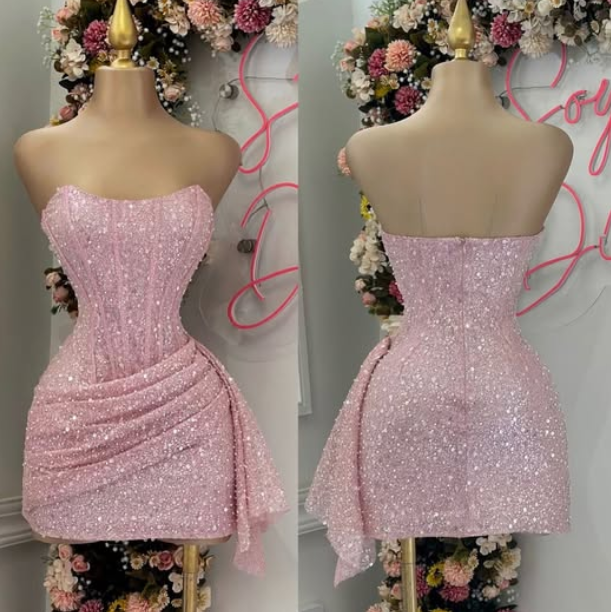 Niulatu Pink Strapless Bodycon Short Prom Dresses Glitter Sequin Homecoming Dresses HZ1026