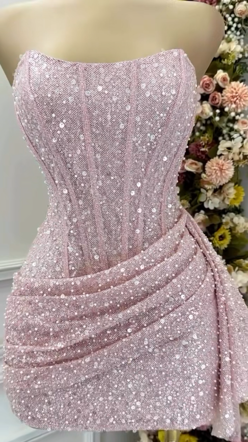 Niulatu Pink Strapless Bodycon Short Prom Dresses Glitter Sequin Homecoming Dresses HZ1026