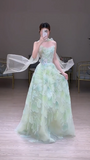Niulatu Strapless Green A-Line Birthday Dress Tulle Long Prom Dresses Elegant Evening Gowns with Beading HZ1026