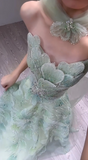 Niulatu Strapless Green A-Line Birthday Dress Tulle Long Prom Dresses Elegant Evening Gowns with Beading HZ1026