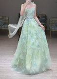 Niulatu Strapless Green A-Line Birthday Dress Tulle Long Prom Dresses Elegant Evening Gowns with Beading HZ1026