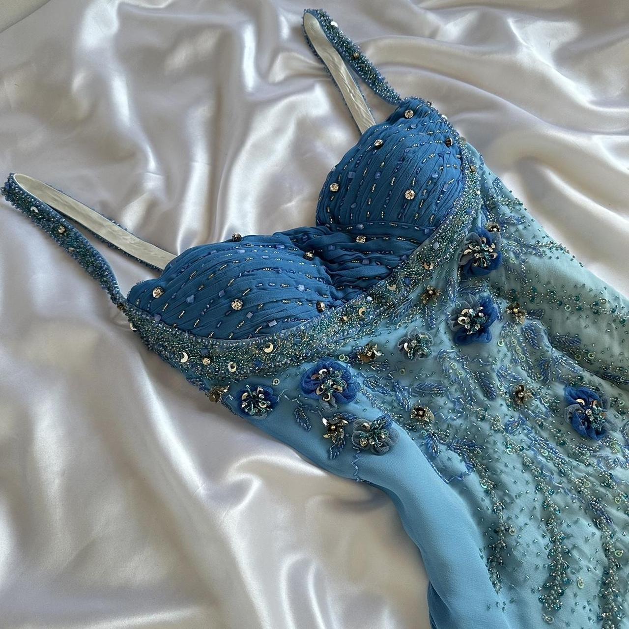 Niulatu Gradient Blue Spaghetti Straps Sheath Chiffon Beading Prom Dresses Vintage Evening Gowns HZ1031