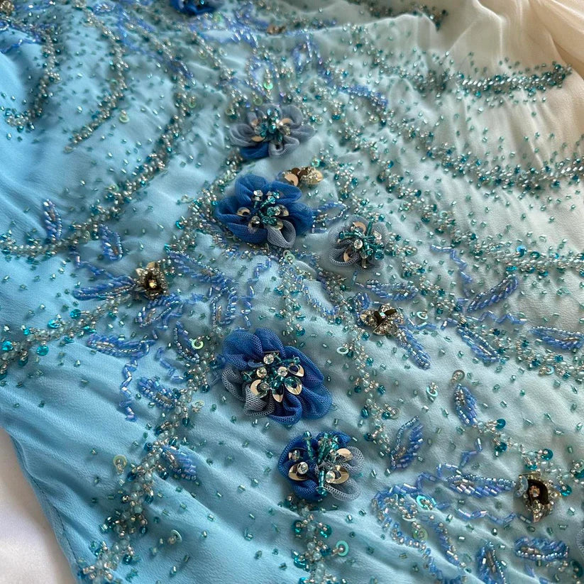 Niulatu Gradient Blue Spaghetti Straps Sheath Chiffon Beading Prom Dresses Vintage Evening Gowns HZ1031