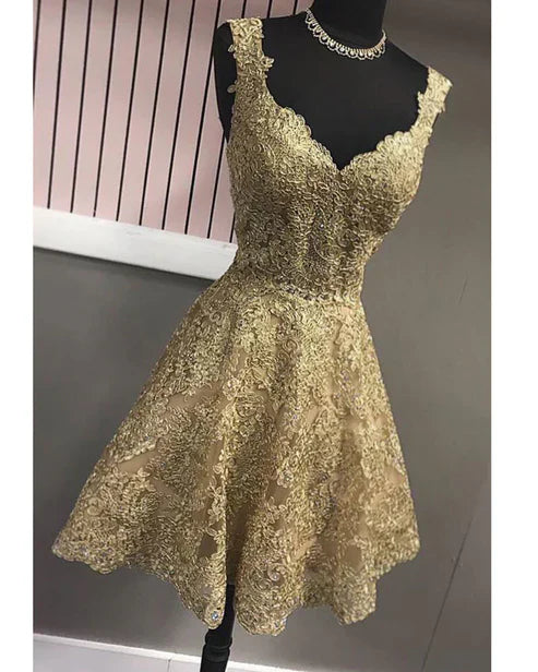 Niulatu Gold Sweetheart Neck A-Line Tulle Sequin Short Prom Dresses Sweet 16 Dress HZ1031