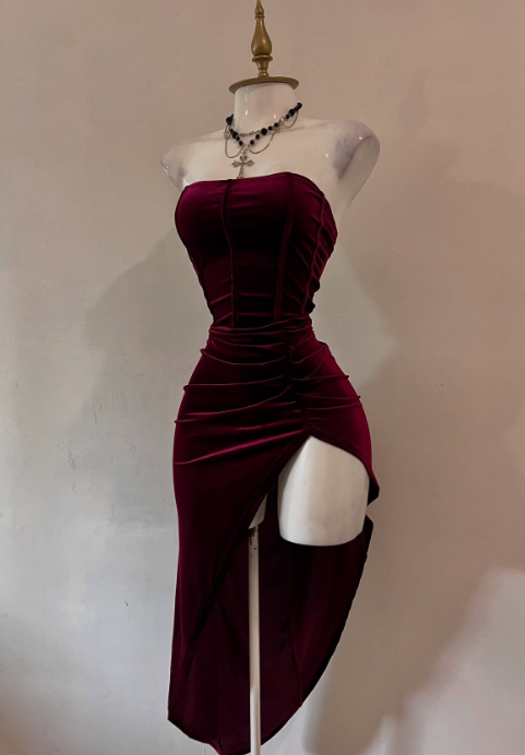 Niulatu Burgundy Strapless Party Dress Bodycon Satin Short Evening Gowns Sexy Birthday Dresses HZ1031