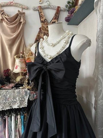 Niulatu Black Spaghetti Straps A-Line Taffeta Short Prom Dresses Vintage Evening Gowns HZ1031