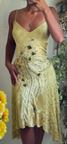 Niulatu Yellow Spaghetti Straps Sheath Satin Lace Short Prom Dresses Formal Evening Gowns with Beading HZ1031