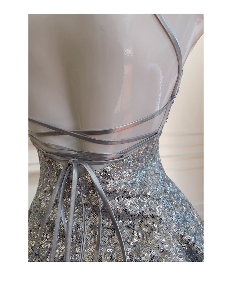 Niulatu Silver Halter Neck A-Line Sequin Short Prom Dresses Formal Evening Gowns HZ1031