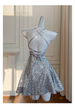 Niulatu Silver Halter Neck A-Line Sequin Short Prom Dresses Formal Evening Gowns HZ1031