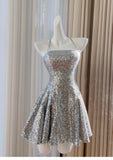 Niulatu Silver Halter Neck A-Line Sequin Short Prom Dresses Formal Evening Gowns HZ1031
